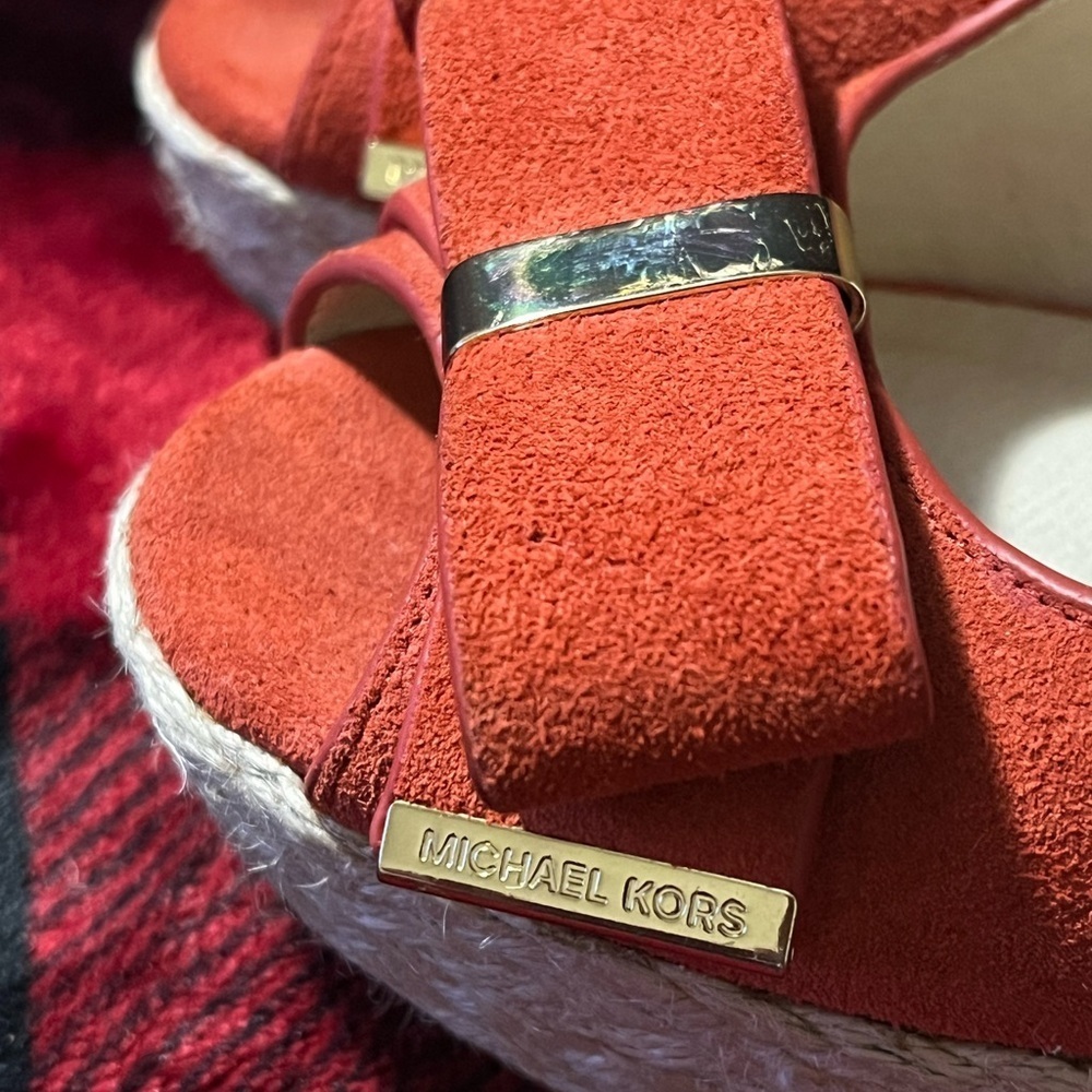MICHAEL KORS MEG 7M Wedges SUEDE Heels ORANGE Open Toes Peep Platforms Shoes - Picture 7 of 15